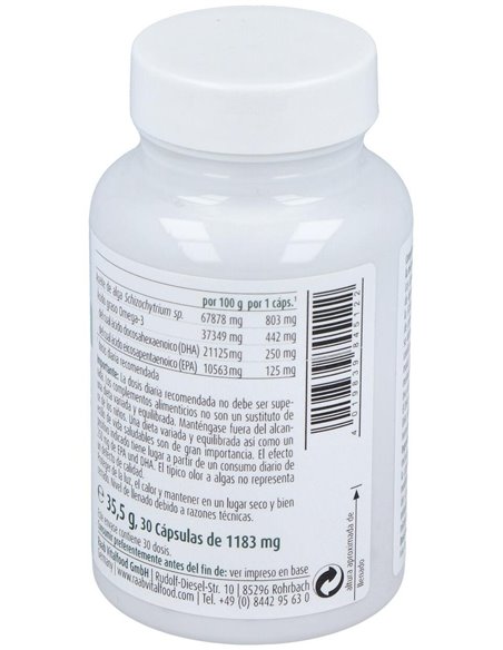 Aceite de alga Omega 3 vegetal, cápsulas 1183 mg, bote 30ud de Raab Vitalfood