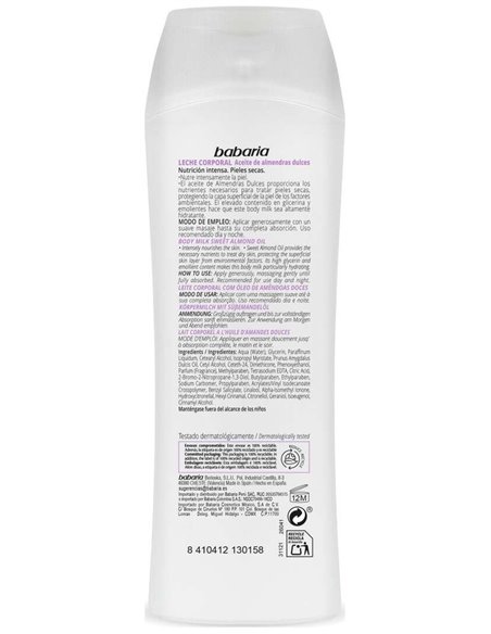 Babaria Body Milk Nutricion Intensa Almendras 400 Ml de Babaria