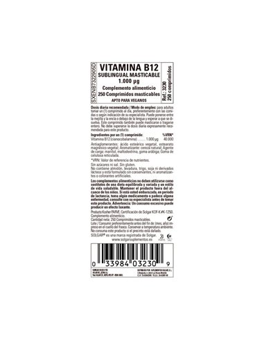 Vitamina B12 Cianocobalamina 1000Mcg 250Comp.Mast de Solgar