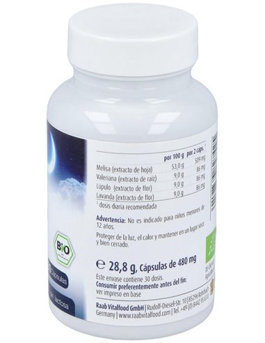 Melisa Valeriana con lupulo y lavanda cápsulas 480mg, bote 60ud de Raab Vitalfood