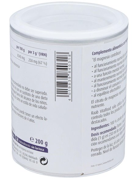 Magnesio citrato polvo, 200g de Raab Vitalfood