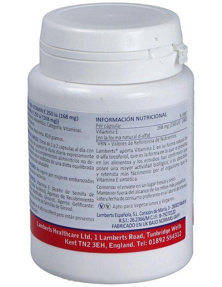 Vitamina E Natural 250 UI 100 Caps. de Lamberts
