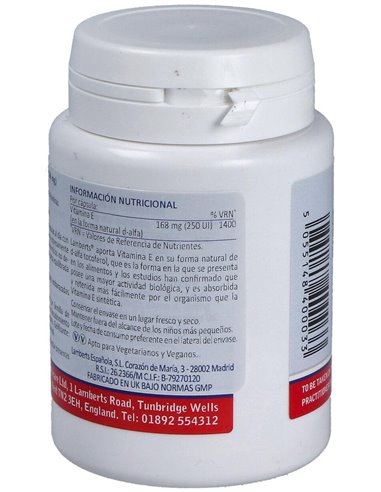 Vitamina E Natural 250 UI 100 Caps. de Lamberts