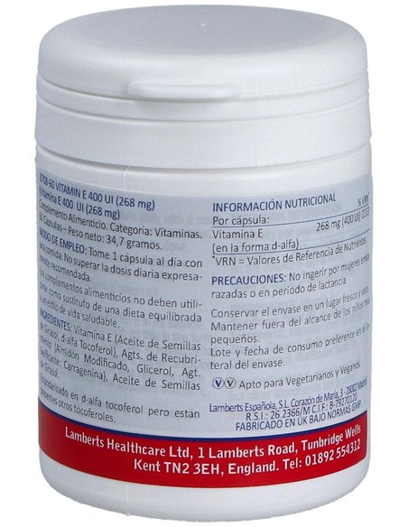 Vitamina E Natural 400 UI 60 Caps. de Lamberts