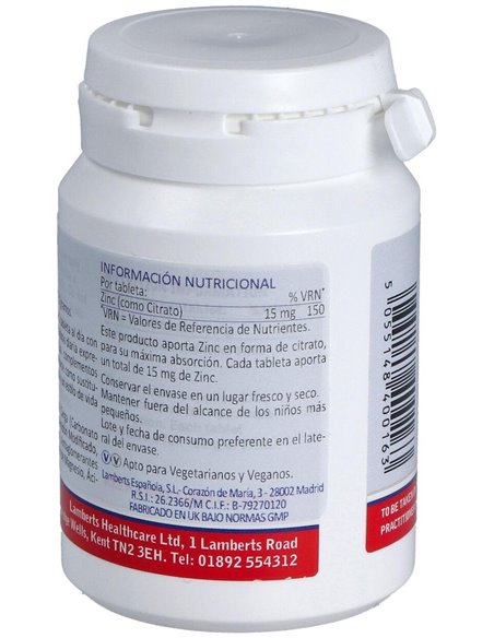 Zinc 15 mg (Como citrato) de Lamberts