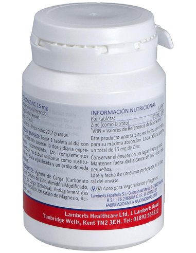 Zinc 15 mg (Como citrato) 90 Tabs. de Lamberts