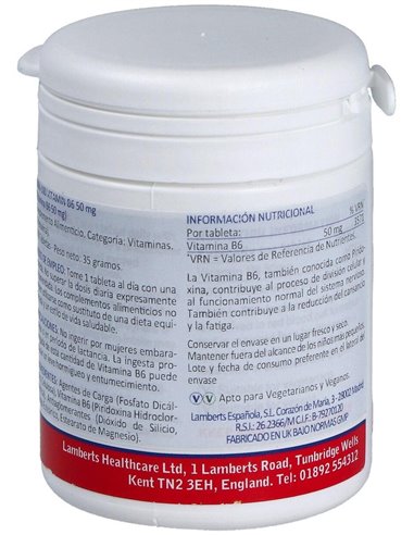 Vitamina B6 50 mg (Piridoxina) 100 Tabs. de Lamberts