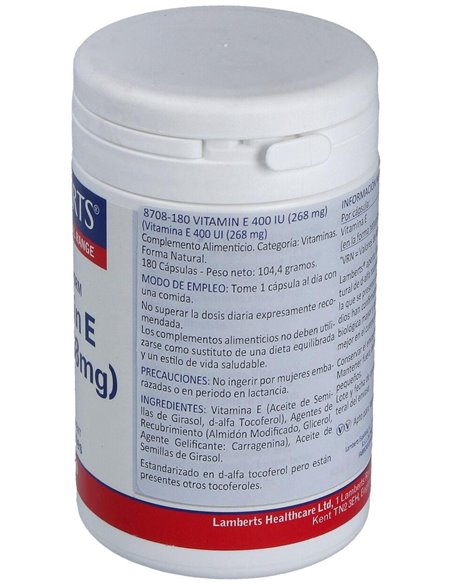 Vitamina E Natural 400 UI 180 Caps. de Lamberts
