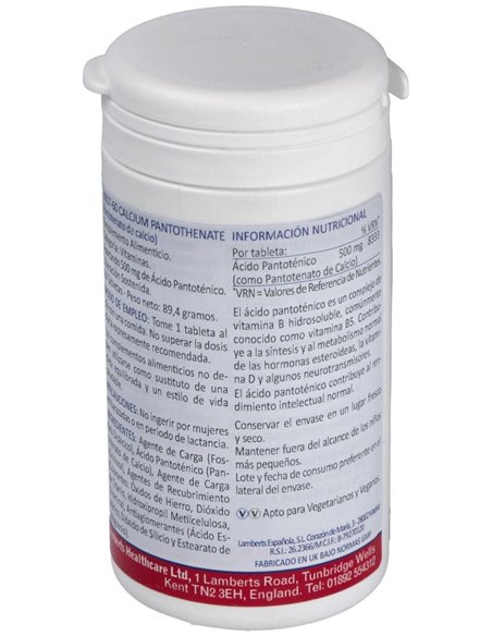 Pantotenato de Calcio 500 mg Lib. Sostenida 60 Tabs. de Lamberts