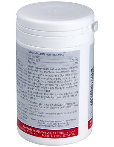 Betaína HCl 324 mg y Pepsina 5 mg 180 Tabs. de Lamberts