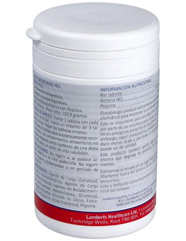 Betaína HCl 324 mg y Pepsina 5 mg 180 Tabs. de Lamberts