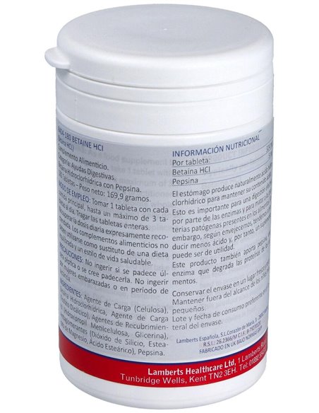 Betaína HCl 324 mg y Pepsina 5 mg de Lamberts