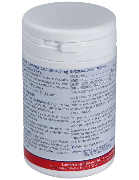 Calcio Masticable 400 mg (Con Vitamina D3 y FOS) 60 Tabs. de Lamberts