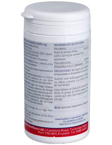 Ginkgo Biloba 6000 mg 180 Tabs.  de Lamberts