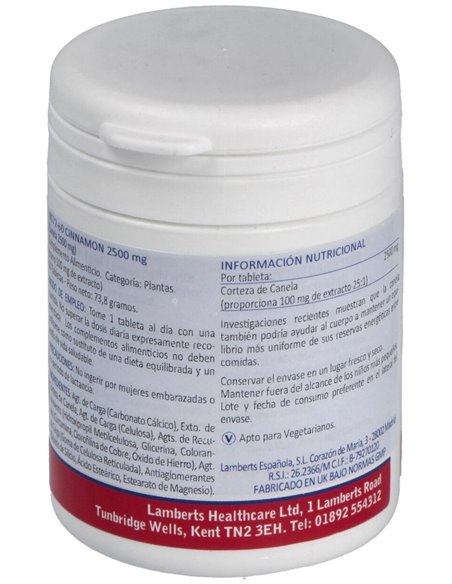 Canela 2500 mg (Cinamaldehído del 62%  73%) 60 Tabs. de Lamberts