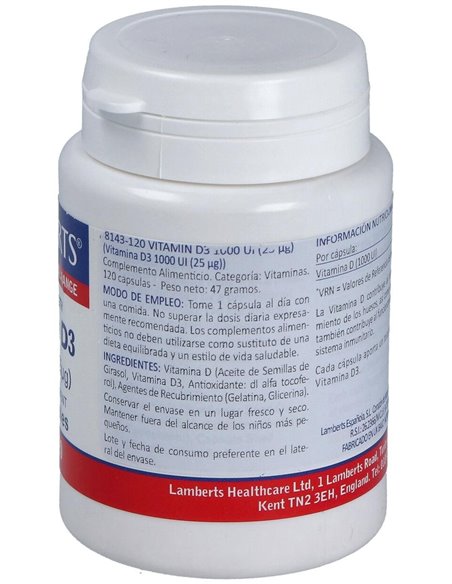 Vitamina D3 1000 UI (25 µg) 120 Caps. de Lamberts