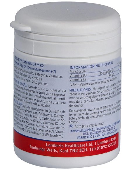 Vitamina D3 (1000 UI) + K2 (como MK-7) (90 µg) de Lamberts