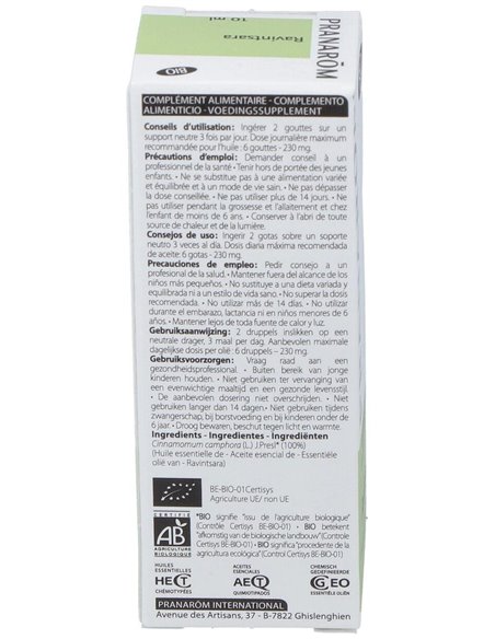 Ravintsara Hoja Aceite Esencial Bio 10Ml. de Pranarom Aceites
