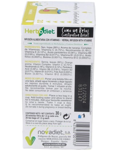 Herbodiet Como Un Reloj Envase de 20 bolsitas filtro de 1,5 g. de Novadiet