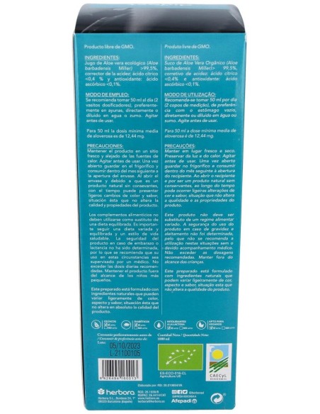 Jugo De Aloe Vera 1L. Bio de Herbora