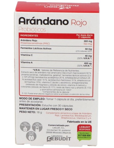 Arandano Rojo + Probioticos 30 Cápsulas  B.Green (Lab. Lebudit)
