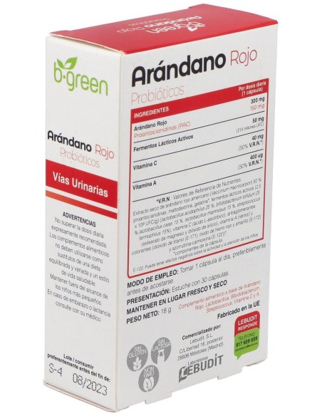 Arandano Rojo + Probioticos 30 Cápsulas  B.Green (Lab. Lebudit)