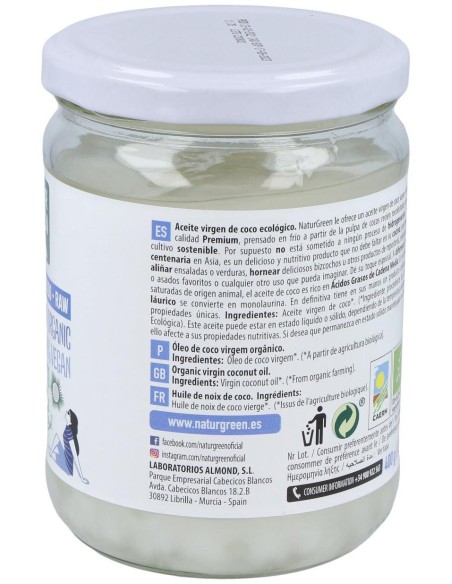 Aceite Virgen De Coco 1ª Presion Frio 400Gr. Bio de Naturgreen