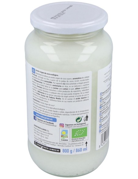 Aceite Virgen De Coco 1ª Presion Frio 800Gr. Bio de Naturgreen