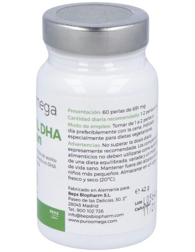 Natural DHA Vegan 90 perlas de Puro Omega