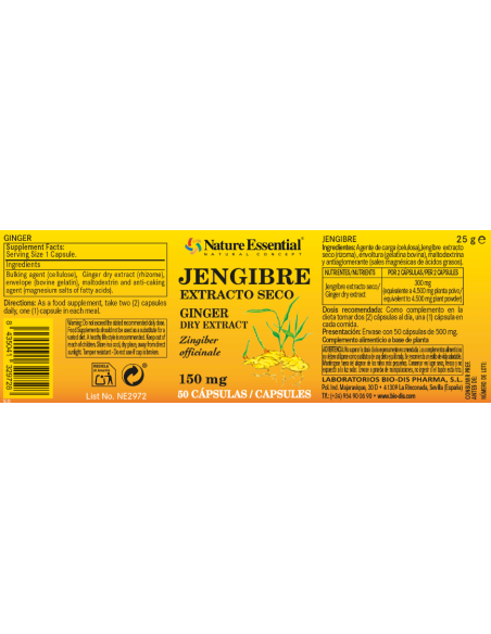 Jengibre 150mg Nature Essential - 50 Cápsulas Naturales